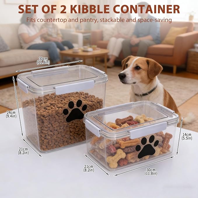 22lb Dog Food Container Set of 2,Airtight Pet Food Treat Storage Bin for Dogs Cats, Clear Puppy Kibble Container for Kitchen Counter,Stackable and Keep Food Fresh Crispy-BPA free