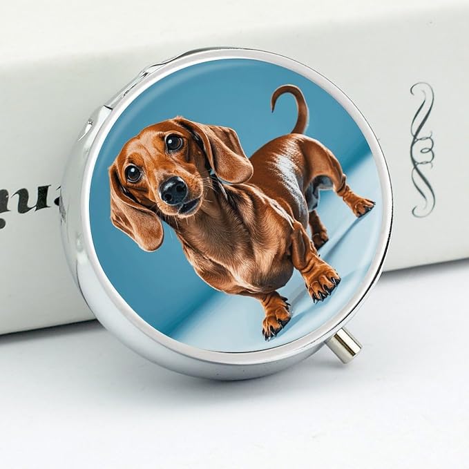 Dachshund Weiner Pet Dog Round Metal Pill Organizer 3 Compartment Travel Pill Case with Mirror Waterproof & Leak-Proof for Daily Meds Vitamins Supplements Fits in Purse Pocket Bag
