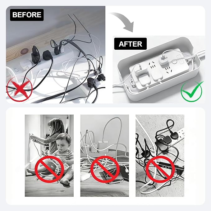 Cable Management Box Wire Organizer for Power Strip Hiding | Bamboo Lid,Large Dual-side Opening Design,Kid & Pet Friendly,for Office,Desks, TV Areas,Floor Corners,White