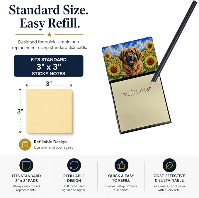 Caroline's Treasures Leonberger in Sunflowers Watercolor Sticky Note Holder Refillable Dispenser Desk Accessory 3x3 Pad Gift