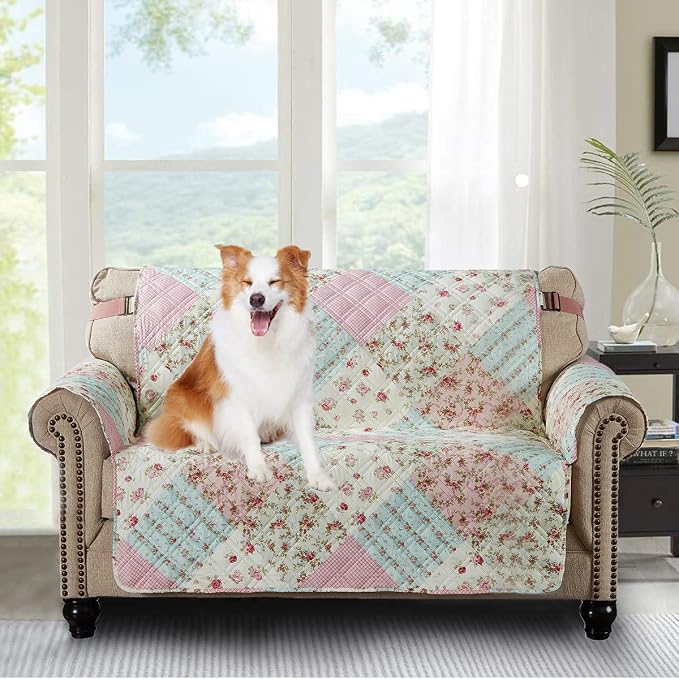 Brilliant Sunshine Pink & Green Roses Patchwork Loveseat Cover, 54" seat | Quilted Sofa Cover, Living Room & Bedroom Furniture Protector, Large Washable Love Seat Slipcover for Pets, Dogs & Cats