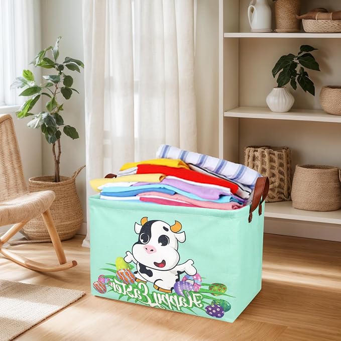 Cow Easter Basket for Kid Large Empty Baby Rectangular Cute Easter Gift Storage Basket Bunny Eggs Décor (Cow)