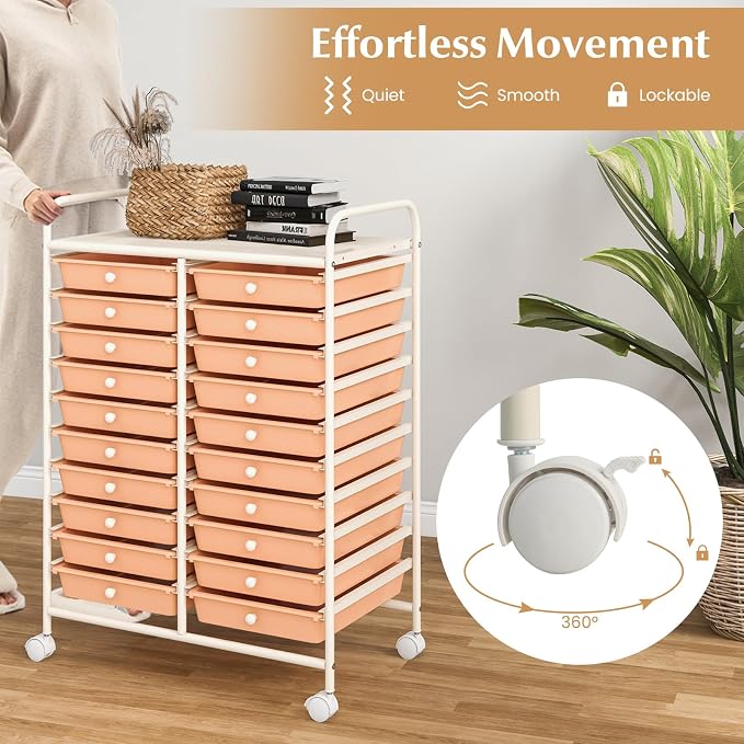 20 Drawer Rolling Storage Cart, Art Cart Organizer with Wheels for Makeup, Tool, Paper, Multipurpose Craft Storage Cart with Drawers for Office, Home, Classroom, School (Peach)