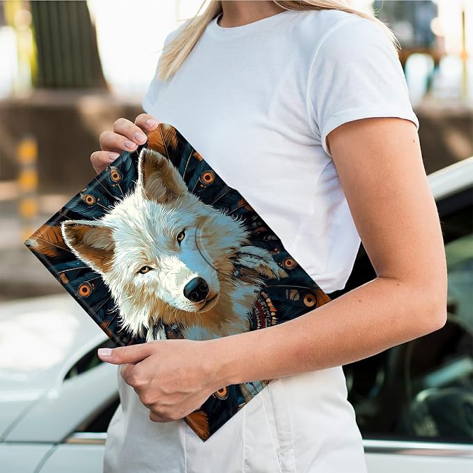 Rotating Handle Case for Samsung Galaxy Tab A8 10.5" 2022 (SM-X200/X205/X207), 360 Degree Swivel Kickstand with Magnetic Closure Shockproof Leather Cover for Women Men, Feathers White Wolf