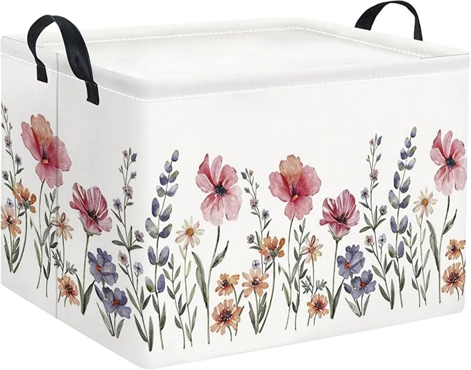 Rectangular Kids Basket Baby Girl Basket Fabric Storage Bin Organizer Box Room Decor(Flowers)