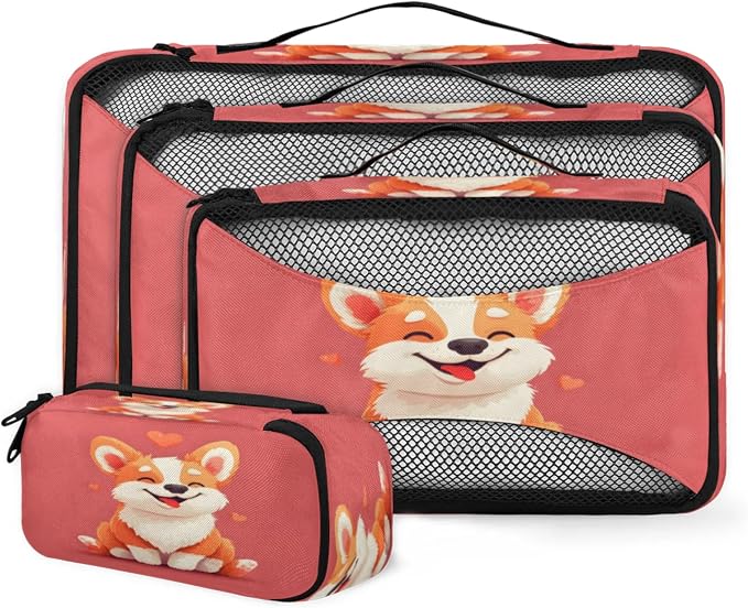 4 Set Packing Cubes for Travel, Animal Corgi Packing Cubes for Women, Travel Luggage Packing Organizers, Packing Cube Set, Cute Corgi Heart