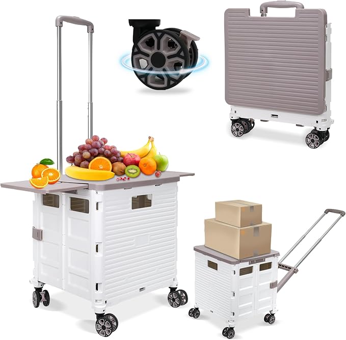 FELICON SELORSS Folding Utility Cart Portable Rolling Crate Handcart-White | Adjustable Handle+Extended Magnetic Lid,Storage Basket Box,4 Swivel Wheels Tote for Teacher Move Shop Travel Grocery Office