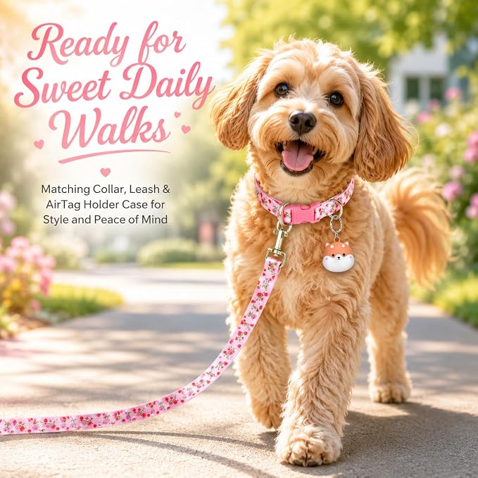 Floral Matching Dog Collar and Leash Set with AirTag Holder-Valentine's/M | Anti-Lost,Adjustable Durable Pet Collar Leash Combo for Medium Boy Girl Dogs,for Outdoor Walking Hiking Training Running