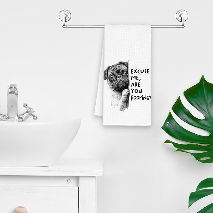 Funny Dog Pug Bathroom Towels, Cute Rustic Hand Kitchen Towels Gifts for Dog Pug Lovers, are You Pooping Bar Dish Towel Decor for Dorm Bar Cafe 16x24in