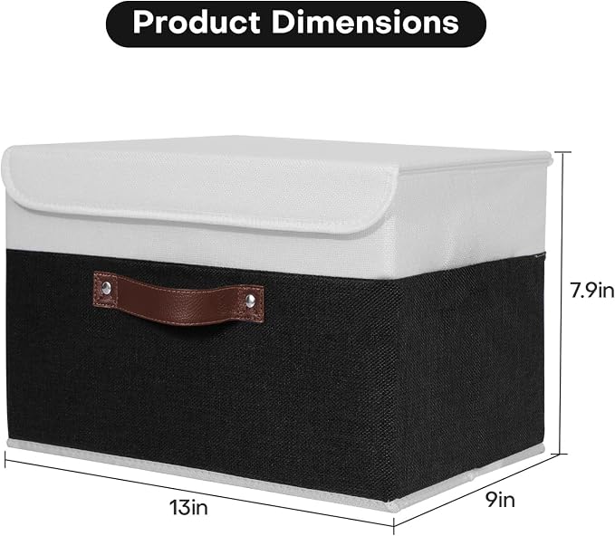 ANMINY Fabric Storage Box Bins with Lids, Black White, 13"x9"x7.9", 2 Pack | Keepsake Memory Storage, Cotton Linen, PP Board Reinforced, Washable, PU Handles, Foldable & Stackable, Decorative, Medium