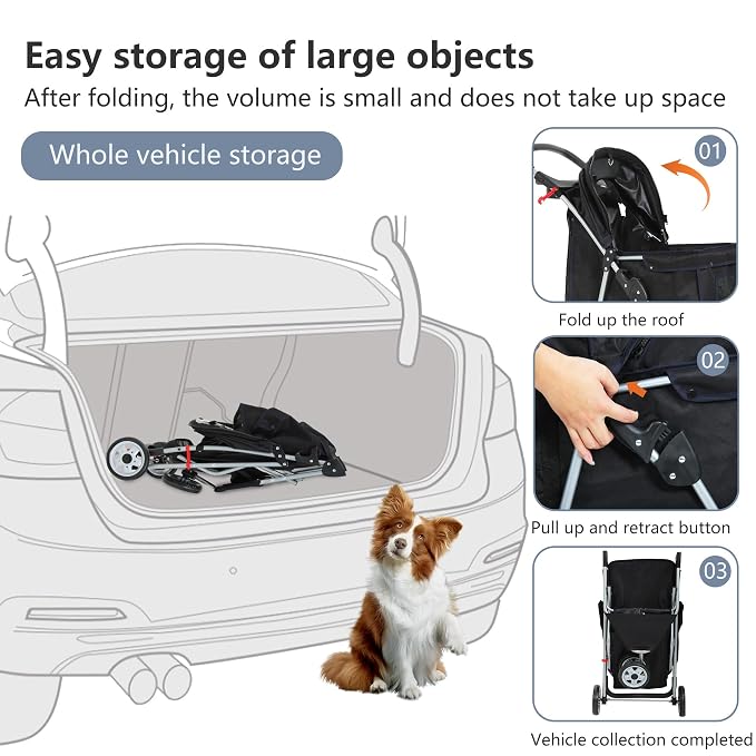 FDW | 3-Wheel Foldable Pet Stroller | Black | Lightweight & Portable | Travel Carrier with Mesh Windows, Storage Basket, Safety Brakes, Washable Liner and Waterproof Fabric | For Small Dogs & Cats