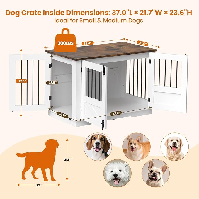 39.4" Dog Crate for Small/Medium Dogs, 3-in-1 Furniture Style Wood Dog Crate End Table TV Stand with 3 Doors, Decorative Pet House Dogs Cage Furniture for Living Room, Bedroom, Entryway, White