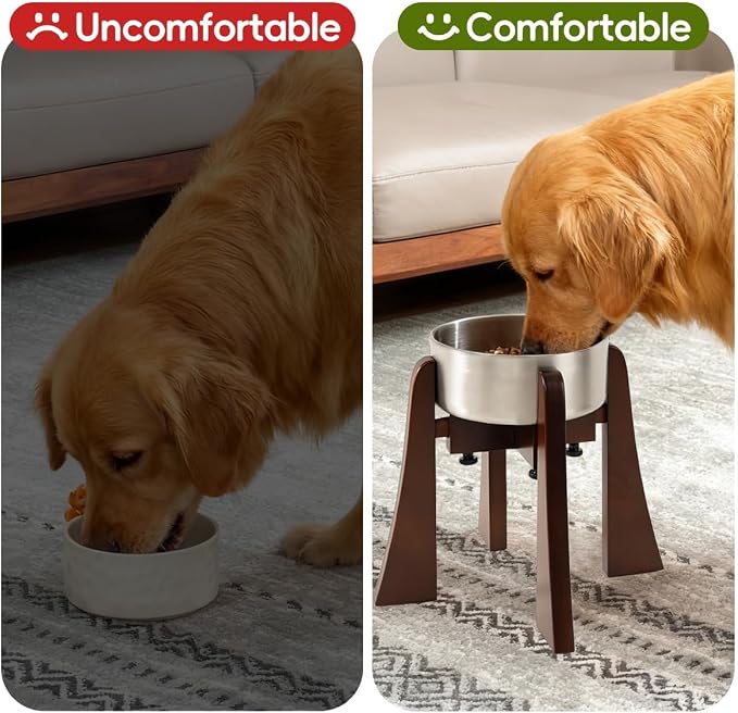 Solid Wood Elevated Dog Bowl Stand with Adjustable Width, 12-Inch Raised | Fits 6.3-7.8 Inch Dog Food & Water Bowls, Non-Slip Base, Ergonomic Design for Corgis, Beagles, Medium Breeds, Stand Only