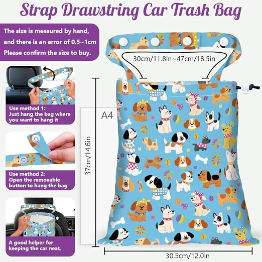 Pet Dog Strap Drawstring Car Trash Bag Hanging Garbage Bag with Snap Buttons Car Back Seat Trash Storage Portable Dustbin Vehicle Trash Can Bag for Vehicle Accessories Travel Camping