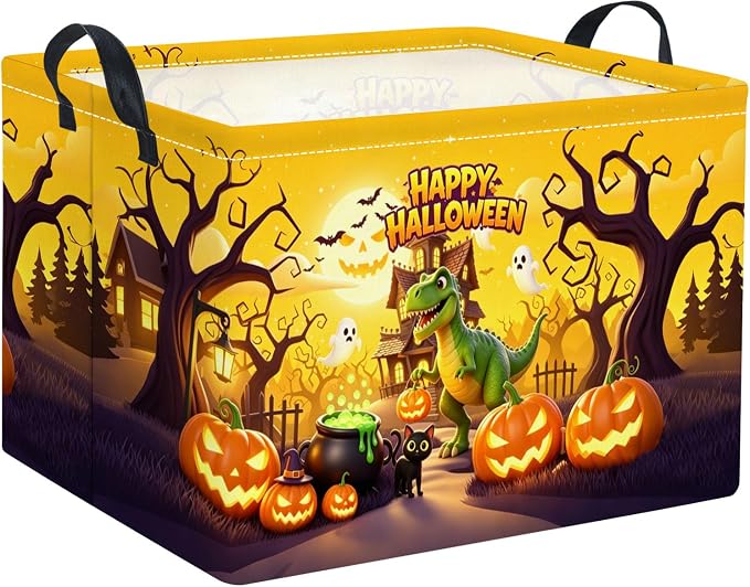 Rectangular Halloween Basket for Boys and Girls Kids Trick or Treat Pumpkin Basket for Halloween Parties Cute Storage Bin Organizer Box Room Decor(Halloween Dinosaur)