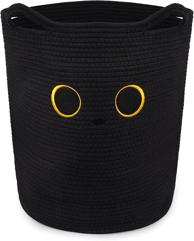 Tall Black Cat Laundry Basket for Nursery, Cute Large Woven Cotton Rope | Blanket Storage Basket , Baby 0rganize Blanket Shower Hamper Box with Handles, 53L Clothes Bins, 15"D×18.1"H