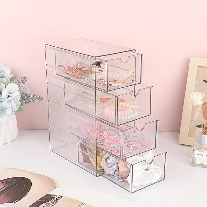 Hipiwe Plastic Drawer Organizer Clear Storage Box with 4 Pull Out Drawer | Drawers Box for Bathroom, Dresser, Cosmetic Hair Tie Container for Women