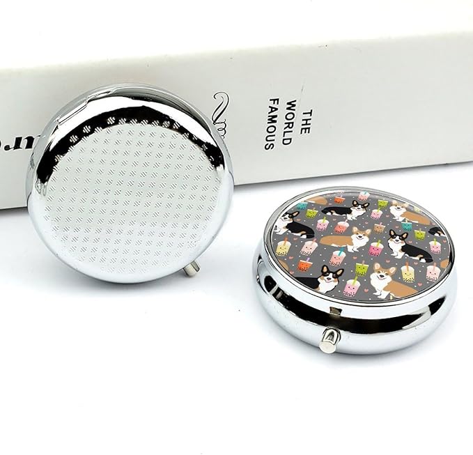 3 Compartment Round Pill Box Portable Metal Travel Pill Organizer | Cute Corgi Pet Pill Case to Hold Vitamins, Medication, Fish Oil and Supplements, Ideal for Purse & Pocket
