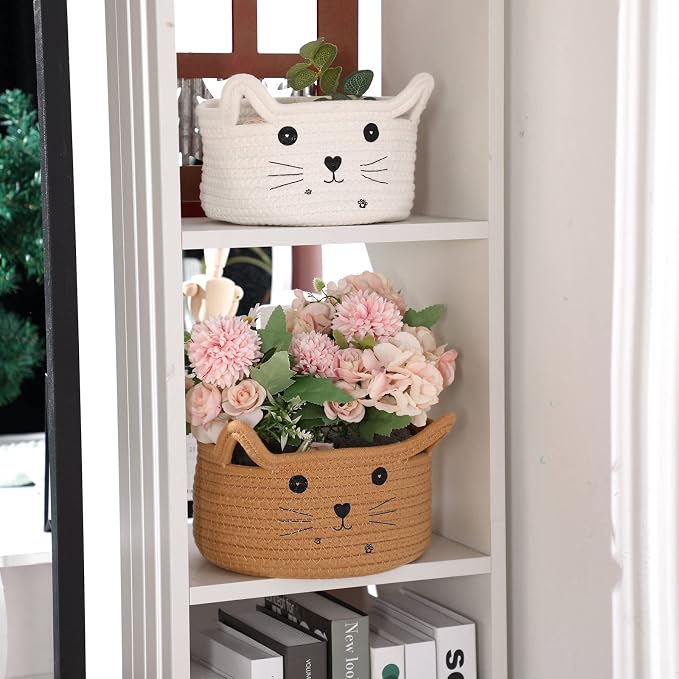 Zopeal Cat Storage Basket Woven Organizer with Ears Decorative Gift Cute Cotton Rope Pet Toy Basket for Gift Cat Dog Toy Bin Nursery Room(8.3 x 4.7 Inch,Khaki)