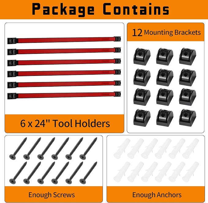 24" Magnetic Tool Holder Strip, 6 Pieces Red Metal Tool Organizer Rack with Stainless Steel Surface, Magnet Bar for Garage Workshop, Easy To Install with Mounting Screws