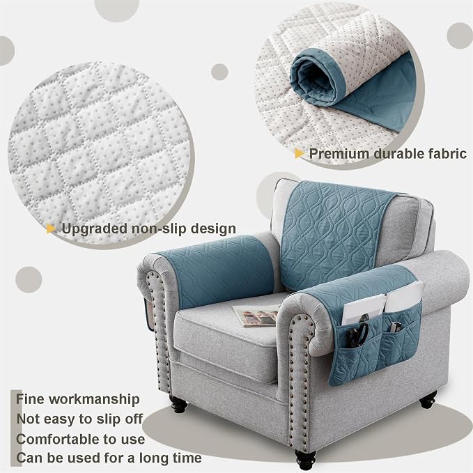 Recliner Armrest Cover with Headrest, Chair Armrest Slipcover with Side Pockets, Water-Resistant, Non Slip Furniture Protector for Pets (Gray Blue,3 Seater 5PCS)