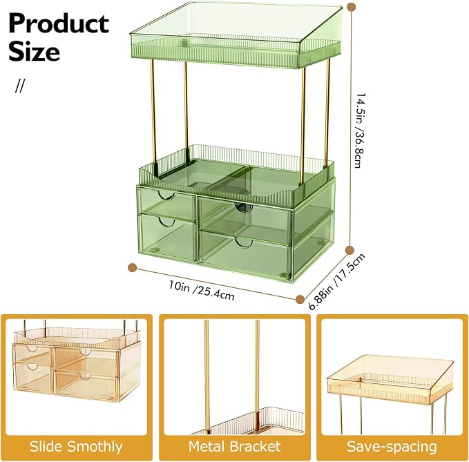 SNSLXH 4-Tier Clear Makeup Organizer Bathroom Storage Green | 4 Drawers Cosmetics Organiser, Ideal for Countertop, Bathroom, Office, Dresser, for Cosmetics, Skincare, Perfume, Lipstick