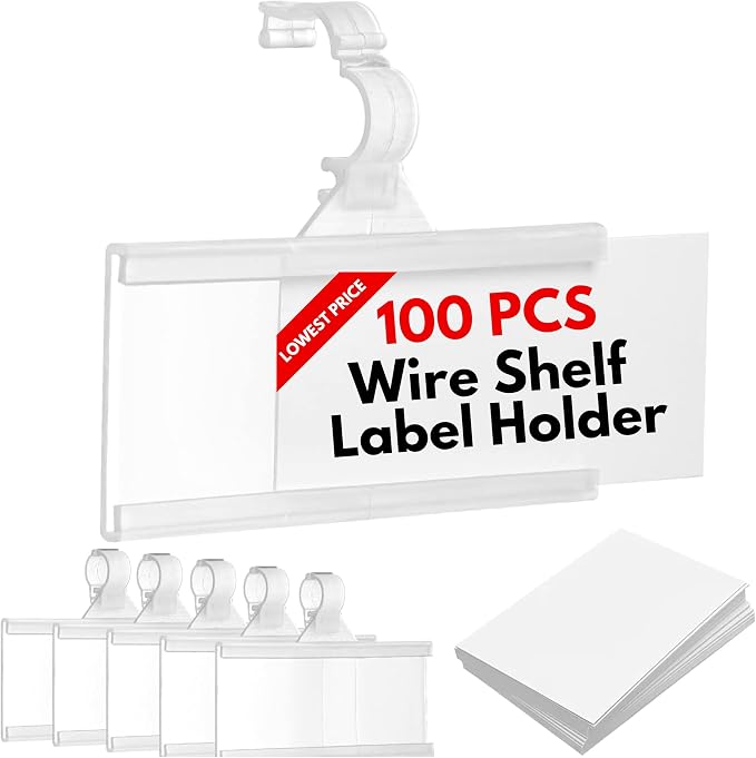 NuBliss Wire Shelf Label Holders, 1-1/4" x 3", Plastic, 100 Pack | Easy clip-on design; reusable; secure snap-lock grip; displays prices, UPCs and product info; retail and warehouse use