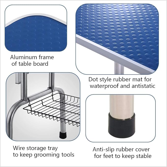 36" Pet Dog Grooming Table, Foldable Stainless Steel Frame Pet Drying Grooming Table Up to 330lbs, Professional Bathing Desk for Dogs at Home with Adjustable Overhead Arms, Noose, Mesh Tray, Blue