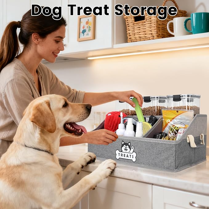 Dog Treat Storage Organizer for Countertop with Fabric Handle and Dividers | Collapsible Dog Treat Container for Living Room Area, Trapezoid Storage Basket for Pet Supplies with Adjustable Dividers