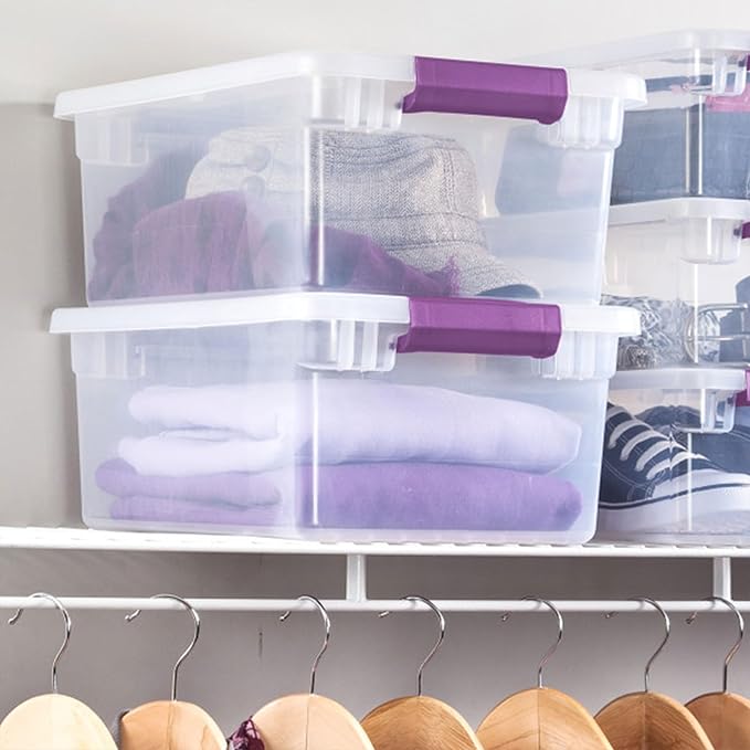 Sterilite ClearView Latch Boxes, Storage Bins with Lids, 15 Quart, 48-Pack | Clear Plastic Organizers with Color Accent Latches for Closet, Bedroom, Shelving Units, Dorm Room and Home Organization