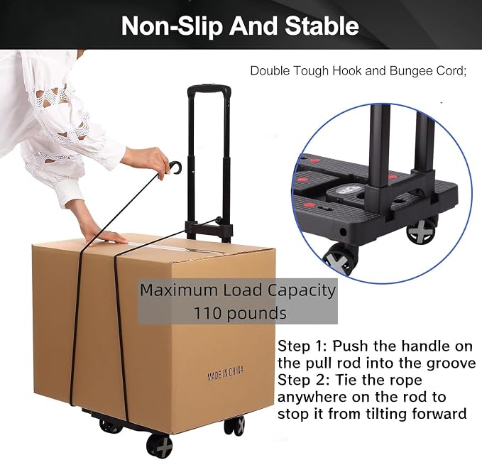 GtIiFmTe Foldable Hand Truck, Lightweight Luggage Cart for Airport Car Seat | Compact Folding dolly with Rotating swivel wheel,storage size12×15.7×4.1",300lbs Load,Upright Lock Handle with 3bungee cords