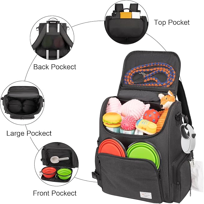 Modoker Multi-Compartment Dog Travel Backpack for Pet Supplies, Black | Dog Travel Accessories Organizer with 2 Food Bags, 2 Bowls, Quick-Access Pockets, Tissue Opening, Luggage Sleeve, Feeding Mat