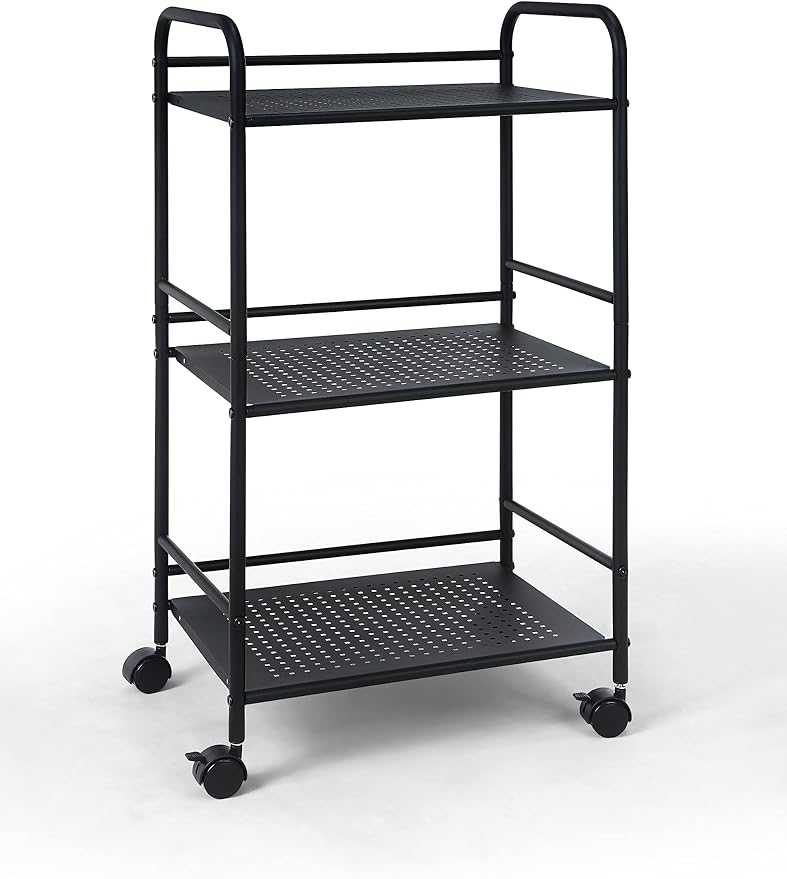 SunnyPoint 3-Tier Rolling Utility Cart – Metal Storage Organizer with Wheels, Mobile Kitchen Cart, Office & Home Organizer, Black, 12" D x 16.92" W x 31.1" H