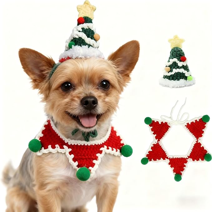 Christmas Cat Costume,Handmade Dog Outfit with Christmas Tree Cat Hat,Knitted Dog Costume,Adjustable Fit Five-Pointed Star Clothes, for Dogs,Rabbits