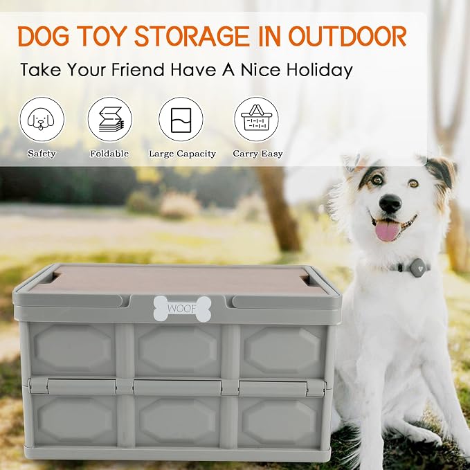Morezi Outdoor Dog Toy bin chew Proof Box Storage in Plastic Foldable Designed Dog Stuff Organizer Great for pet Food organizing Toys leashes Clothing in Outside Gray