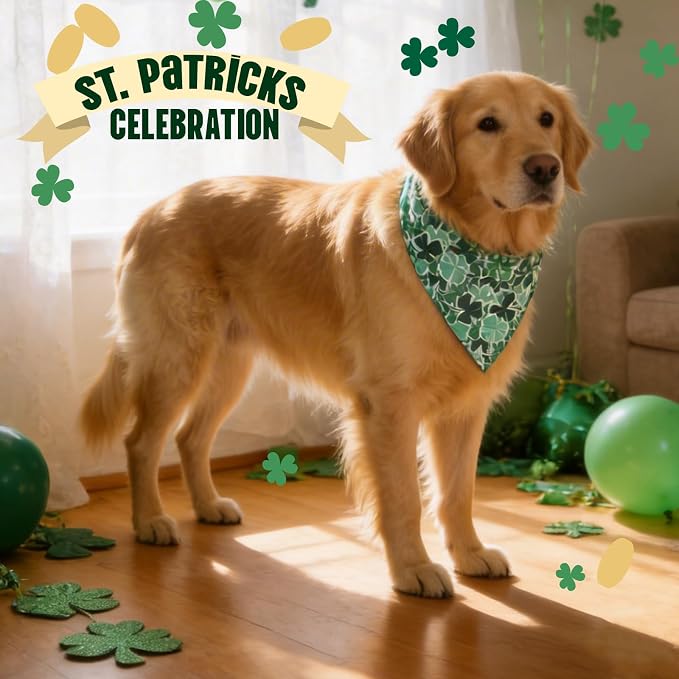 Dog Bandanas for St. Patricks Day 4 Leaves Clover - Pet Scarf with Adjustable Snap Button Cute Lucky Holiday Costumes for Irish Festivals Celebrations, Medium & Large Breeds (30-75lbs)