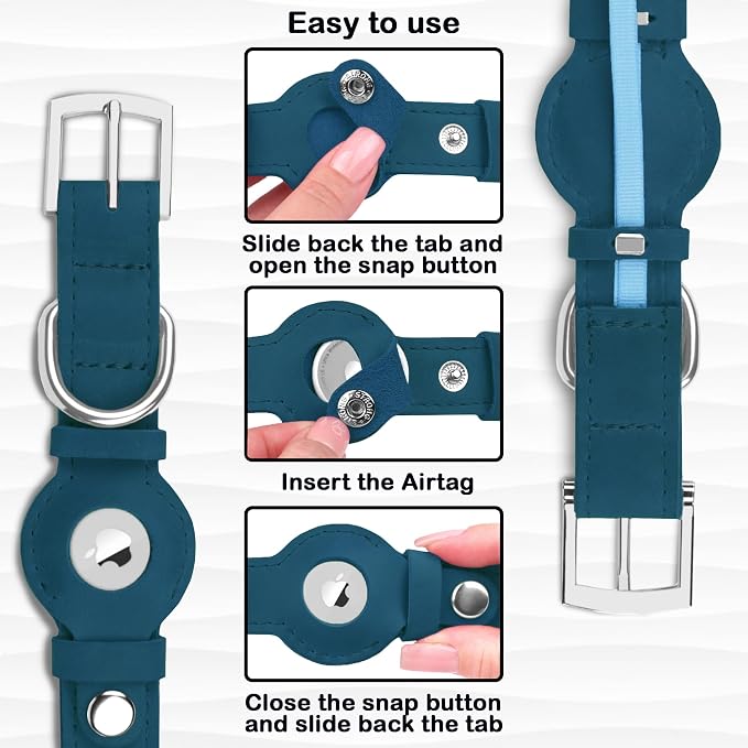 Leather Dog Collar with Airtag Holder - Apple Air Tag Dog Collars - Soft Tracking GPS Pet Collar for Small Medium Large Dogs Breed Puppy (Smoky Blue, S, 9"-12" Neck Fit)