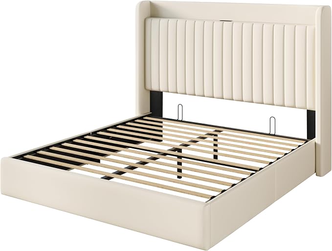 SHA CERLIN Queen Size Lift Up Storage Bed Frame, Charging Station, Cream | Storage Headboard with Charging Station, USB, Type-C Port Velvet Hydraulic Storage Bed No Box Spring Needed Noise Free