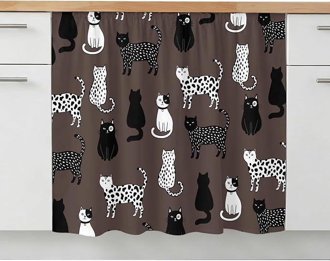 Cat Animal Cabinet Curtain 28"Wx35"L, Dustproof Under Sink Skirt with Self Adhesive Tape, Black White Earthy Tone Vintage Pet Cabinet Curtain Cover for Bathroom Vanity, Kitchen Sink, Laundry Room
