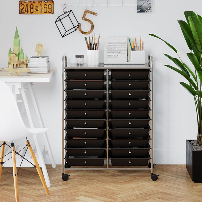 20 Drawer Rolling Storage Cart, Art Cart Organizer with Wheels for Makeup, Tool, Paper, Multipurpose Craft Storage Cart with Drawers for Office, Home, Classroom, Teacher, School (Black)
