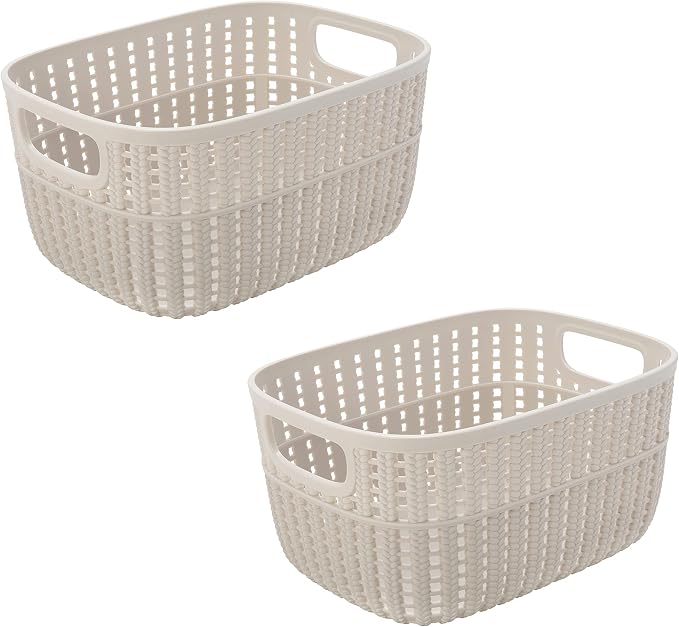 Simplify 2 Pack 2 Tone Sailor Knot Plastic Storage Tote | Decorative Basket | Closet Organization | De-clutter | Accessories | Toys | Bathroom Organization | Small | Ivory