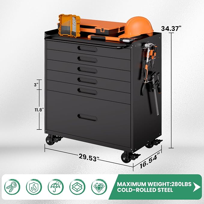 Garage Storage Cabinet,6 Drawer Metal Rolling Tool Cabinet with 2 Pegboard and 10 Hook,Heavy Duty Mechanics Tool Chest Storage for Workshop, Basement,Warehouse,Include Workbench Liner,Black