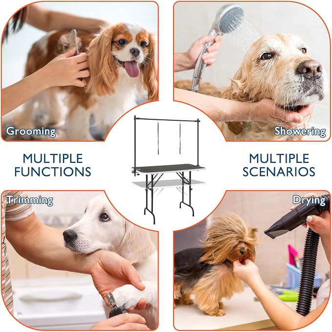 LEIBOU 45'' Height Adjustable(23''~33.8'') and Foldable Pet Dog Grooming Table Heavy Duty Iron Frame with H-Shape Grooming Arm & Noose, Maximum Capacity Up to 260lbs, Black