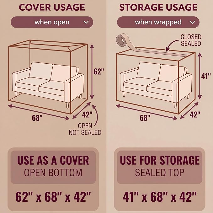 Wowfit 4mil Furniture Cover for Moving, Couch Storage Bag, 68.1Wx42Dx62/41H | With Tape Strips & Labels, Clear, Heavy Duty, Waterproof, Dustproof, Loveseat/Recliner, Sectional Piece, Garage, Outdoor