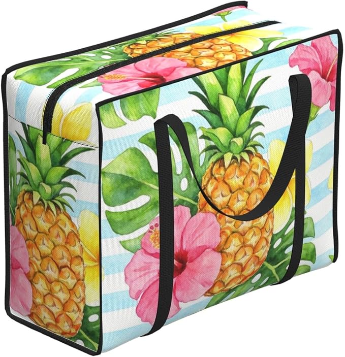 Heavy Duty Packing Bags Pineapple With Tropical Flowers On Blue Stripes, Waterproof Collapsible Storage Organizer Bags with Reinforced Handles for College Dorm and Moving