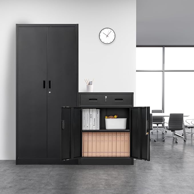 Wanfu Metal Storage Cabinet, 36" H x 28" W x 16" D Locking Cabinet with 1 Drawer and Adjustable Shelf, Metal Cabinets for Office, Garage, Home-Black