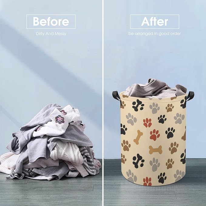 Collapsible Waterproof Laundry Basket Dog Bone Paw Prints Cream, Portable Hamper with Handles for Clothes, Toys, and Home Organization