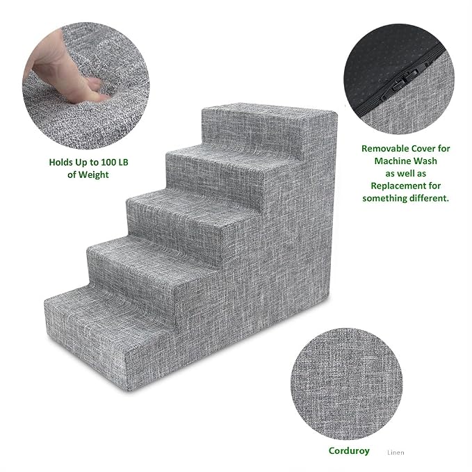 Best Pet Supplies Dog Stairs & Steps - Foam Steps for Small Dogs & Cats, Non-Slip Indoor Balanced Pet Step Support, Dog Ramp, No Assembly, Ash Gray Linen, 5-Step (22.5-inch Height)