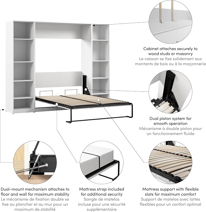 Bestar Full Murphy Bed with Closet Organizer, White, Claremont, 99W | Closet Organizers; supports up to 1000 lb; min. ceiling height 83 in.; dual piston mechanism; 10-year warranty