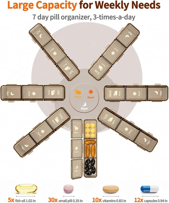 Pill Organizer 3X a Day, Large 7 Day 3 Times a Day Weekly Pill Box with 7 Detachable Pill Containers, Portable Daily Travel Medicine Pill Case Medicine Organizer for Fish Oil Supplement【Upgraded】